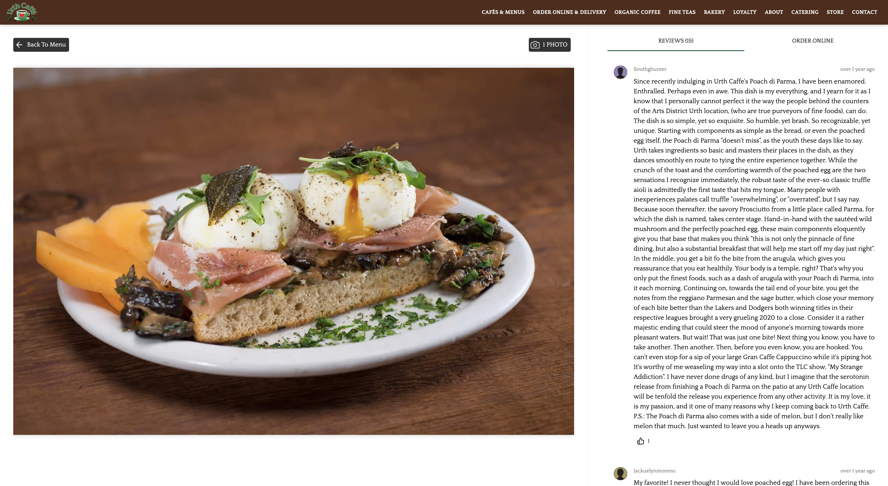Popmenu review screenshot with a photo of the Poach di Parma dish