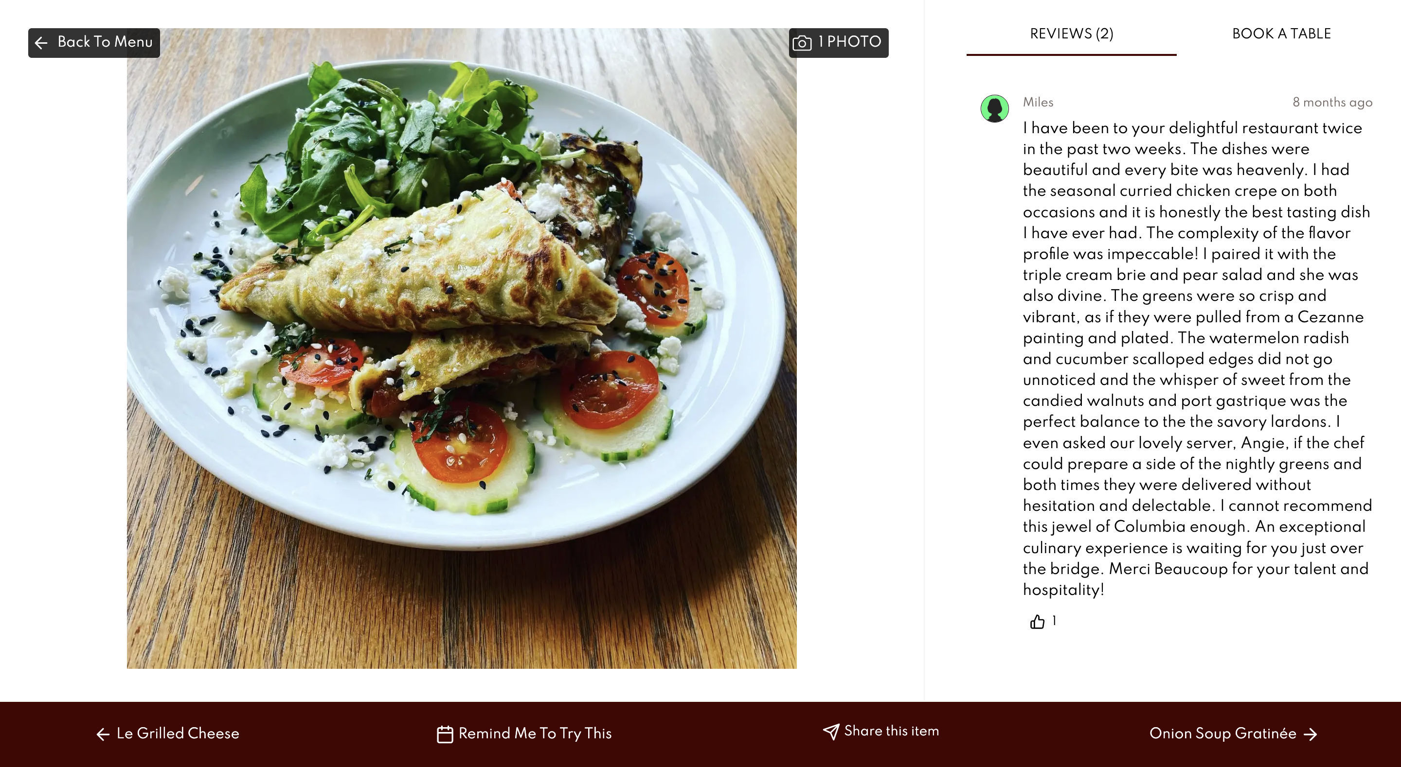 Popmenu review screenshot with a photo of the seasonal curried chicken crepe