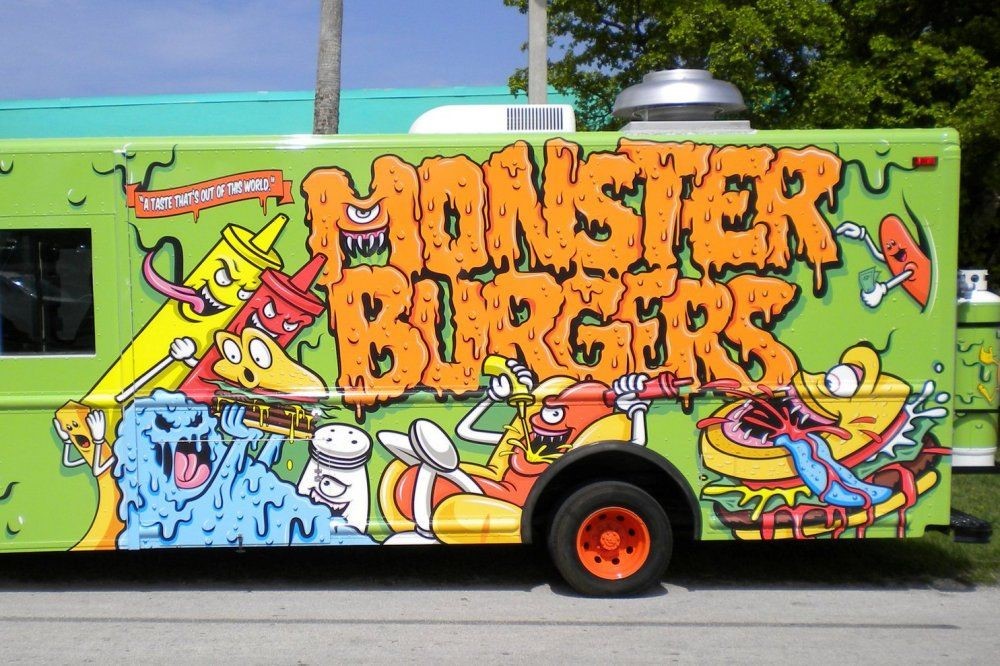 Monster Burgers food truck with graffiti-style monster art