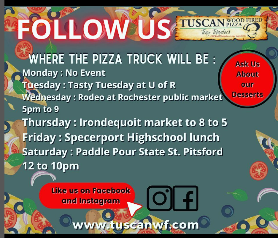 Flyer listing the pizza truck's weekly location schedule