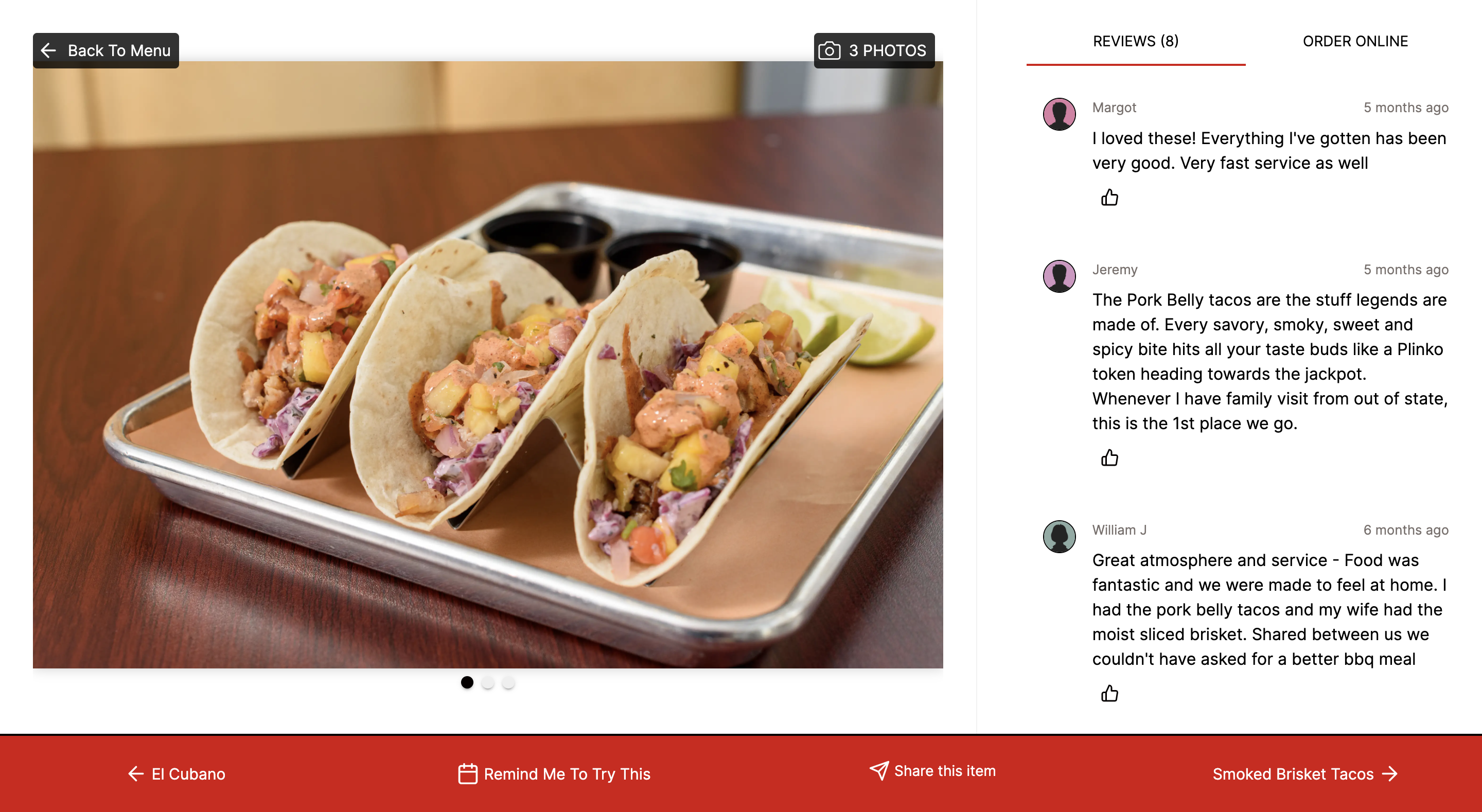 Popmenu review screenshot with a photo of smoked pork belly tacos