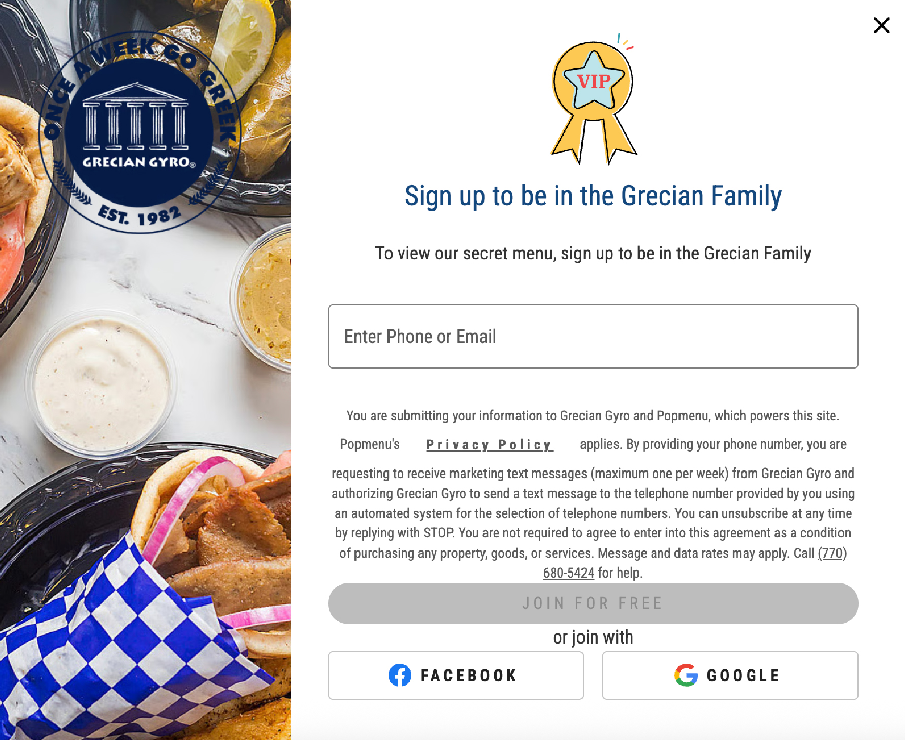 Screenshot of Grecian Gyro’s “sign up to be in the Grecian Family” email pop-up