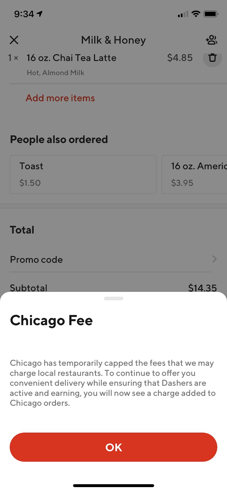 DoorDash app screenshot showing an added Chicago delivery fee