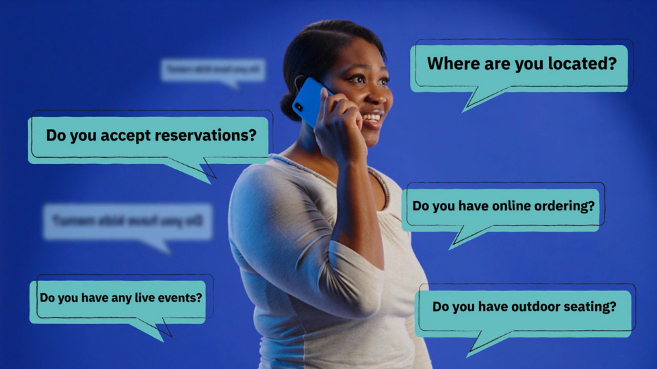 Woman on the phone surrounded by speech bubbles asking common restaurant questions