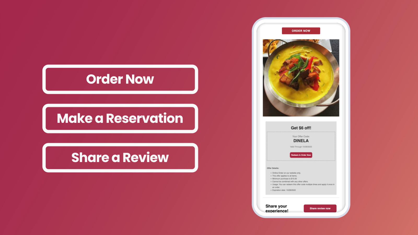 Example CTA buttons like “Order Now” and “Make a Reservation” next to an email preview