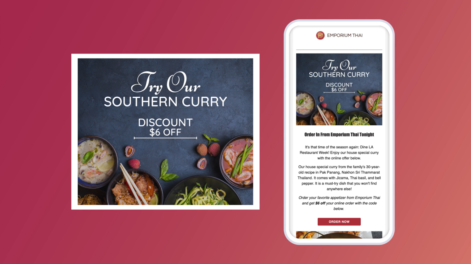 Restaurant email header image next to a mobile preview of the full email
