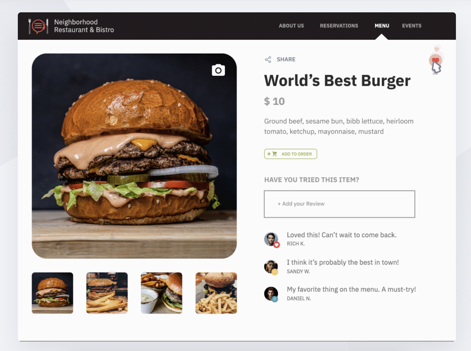 A responsive, dynamic menu features ‘World’s Best Burger’ for $10 and features reviews from other diners.