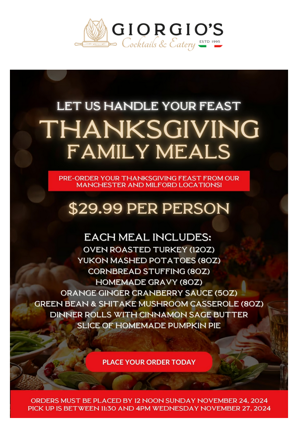Giorgio’s Cocktails & Eatery Thanksgiving family meal pre-order promotion