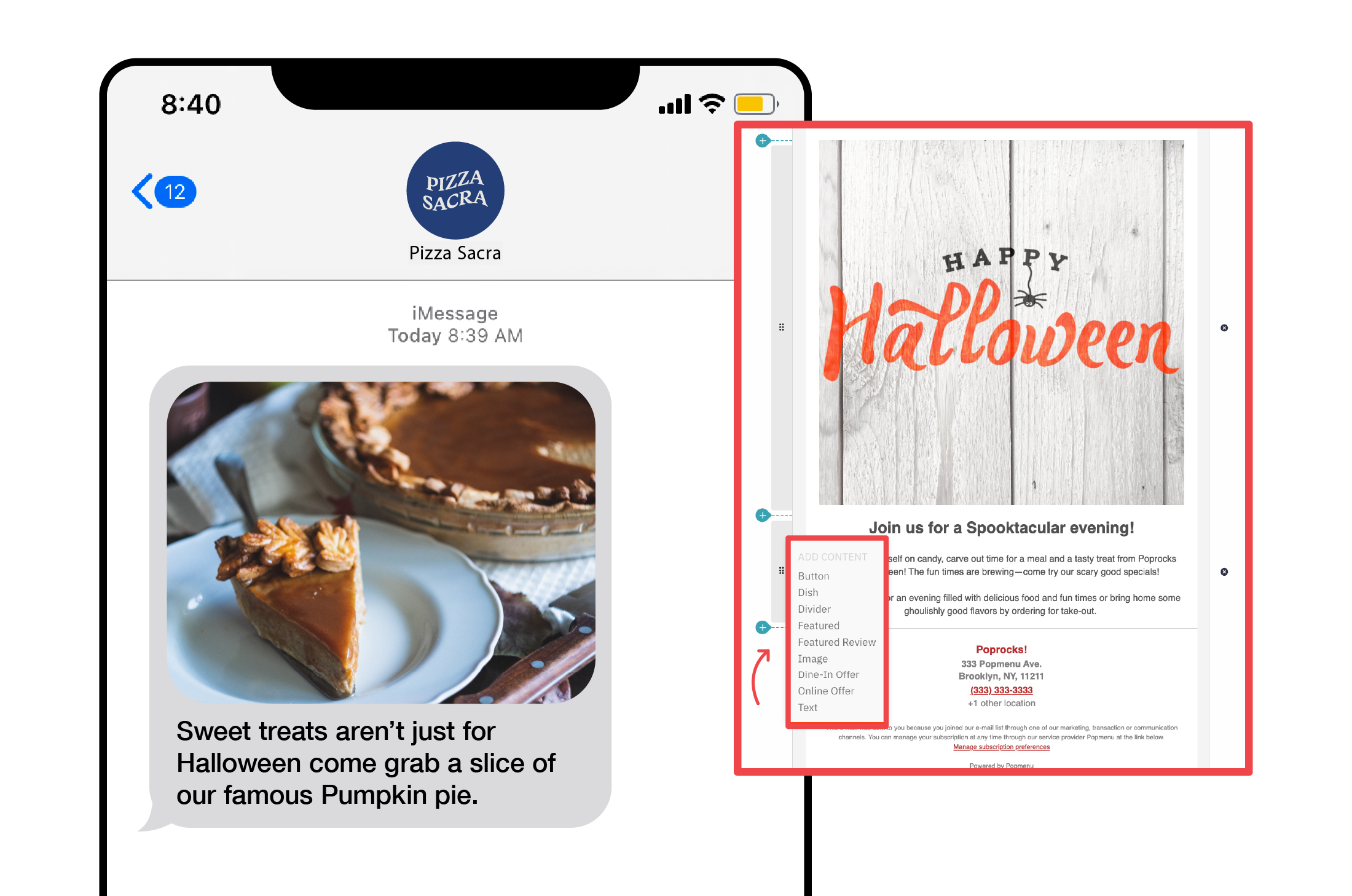 Pizza Sacra Halloween text message alongside the matching email marketing template