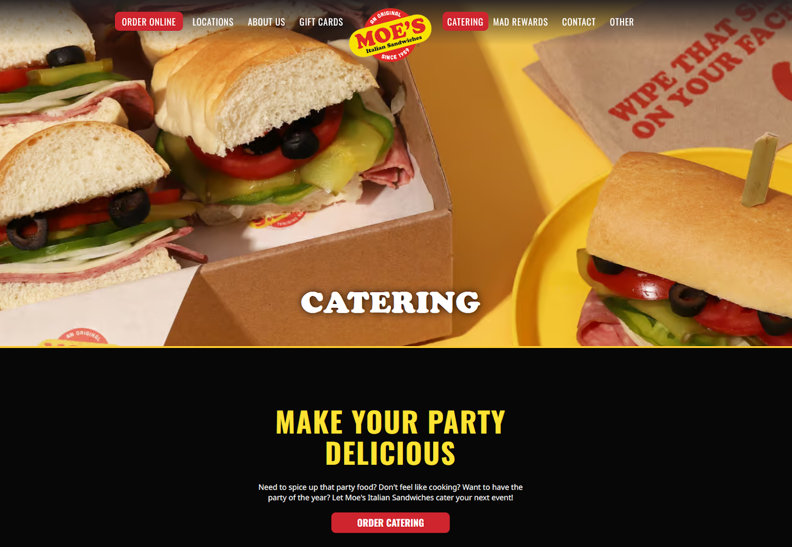 Moe’s Italian Sandwiches catering webpage with sandwich photos and order button