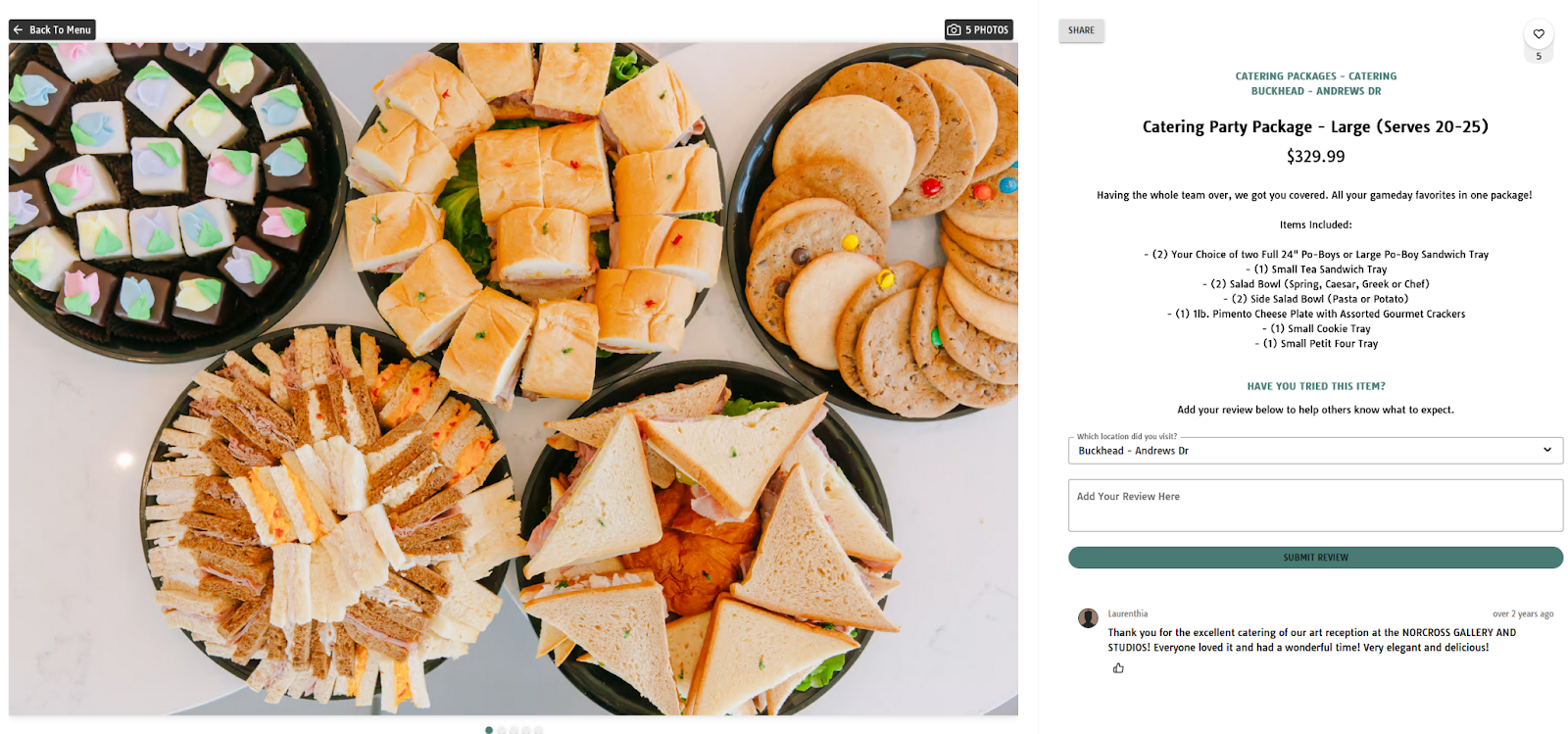 Online listing for a large catering party package with sandwich and dessert trays