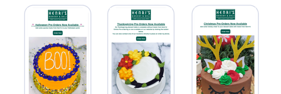 Henri’s Bakery & Deli holiday pre-order emails for Halloween, Thanksgiving, and Christmas cakes