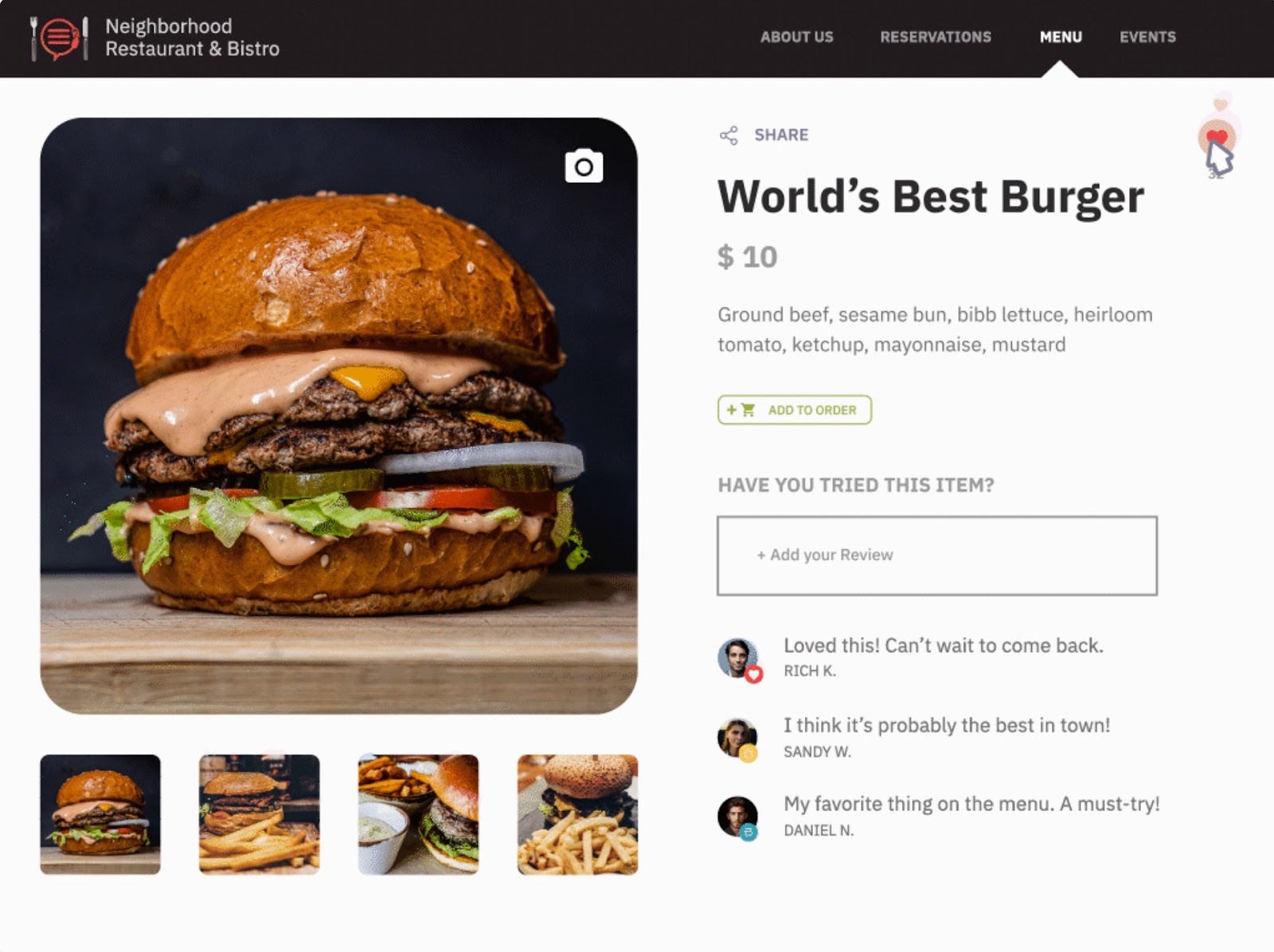 Popmenu online menu item page for a burger with photo, price, and guest reviews