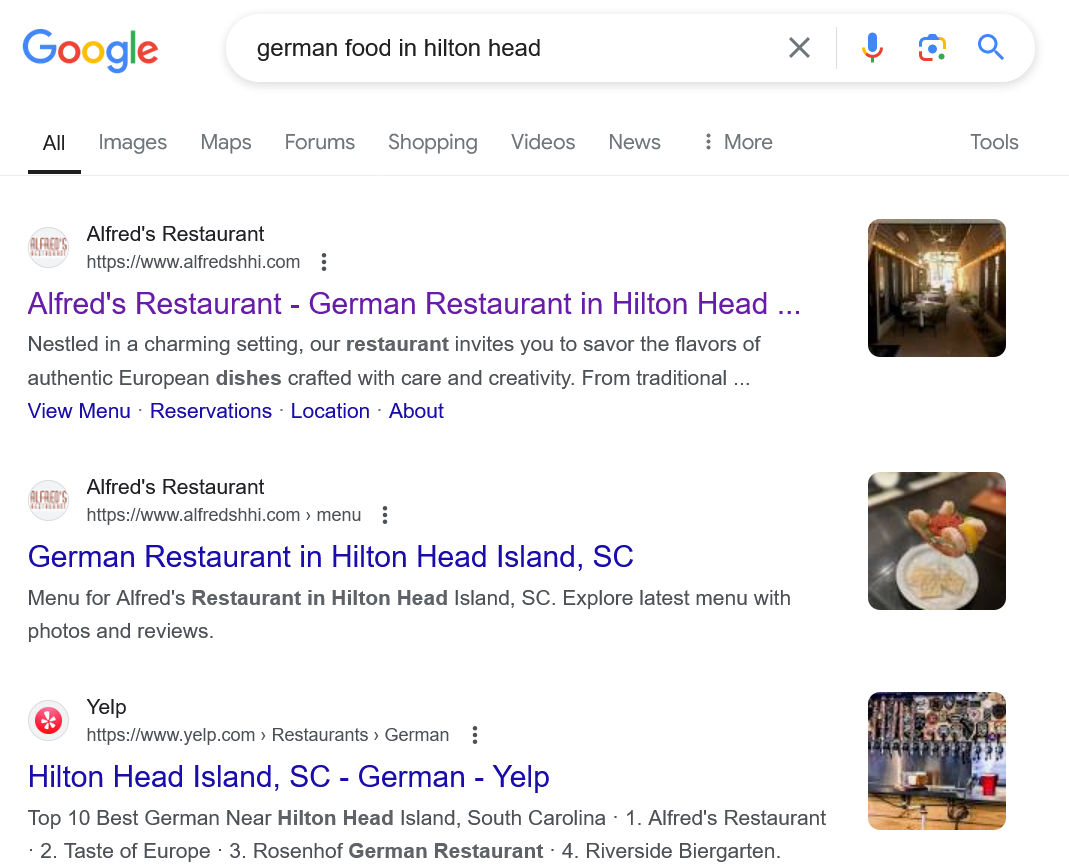 Google search results showing Alfred’s Restaurant ranking for local search
