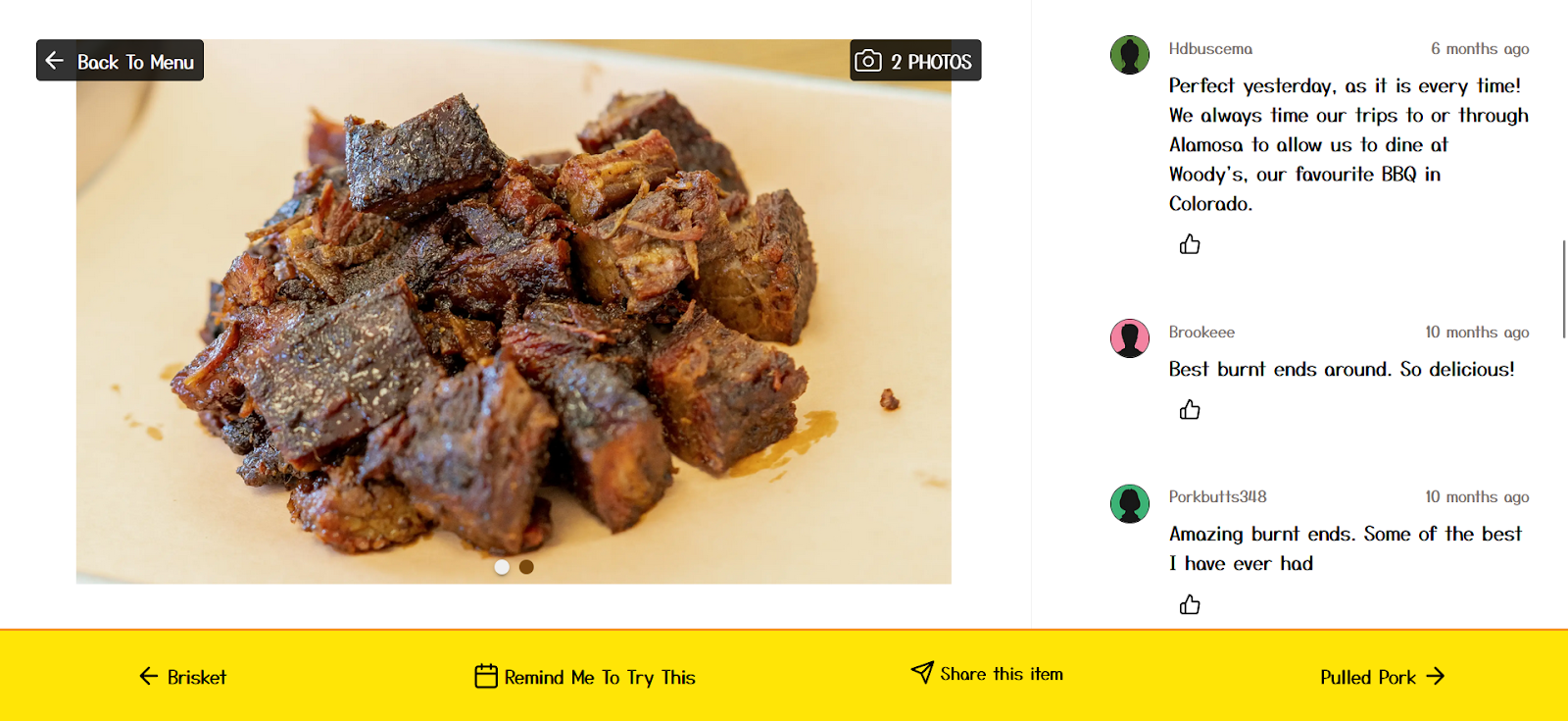 Online menu item page with photo, reviews, and add-to-order button
