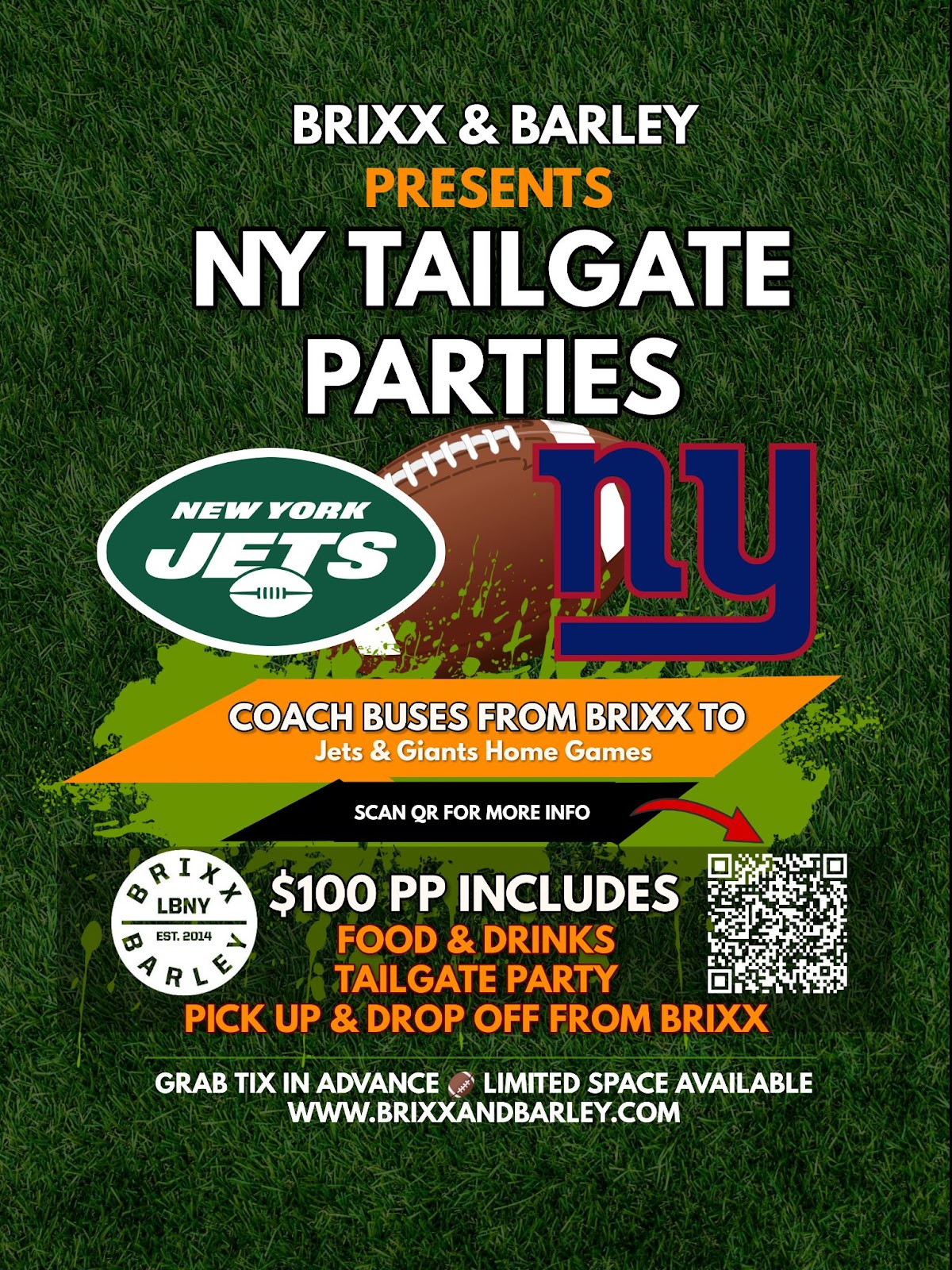 Brixx & Barley flyer promoting NY Jets and Giants tailgate parties