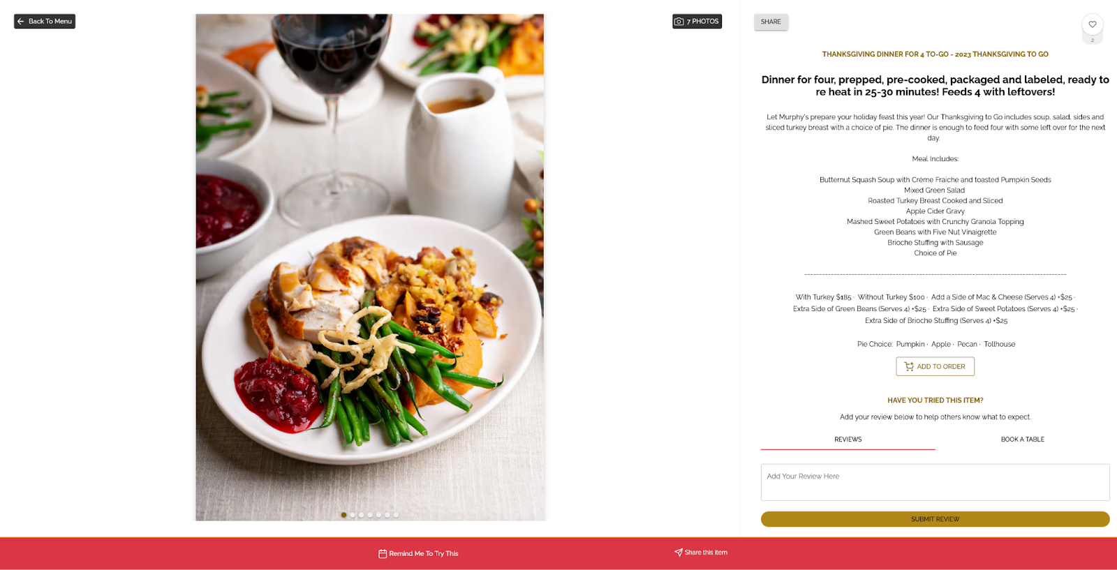 Murphy’s Atlanta Thanksgiving dinner for four to-go menu listing