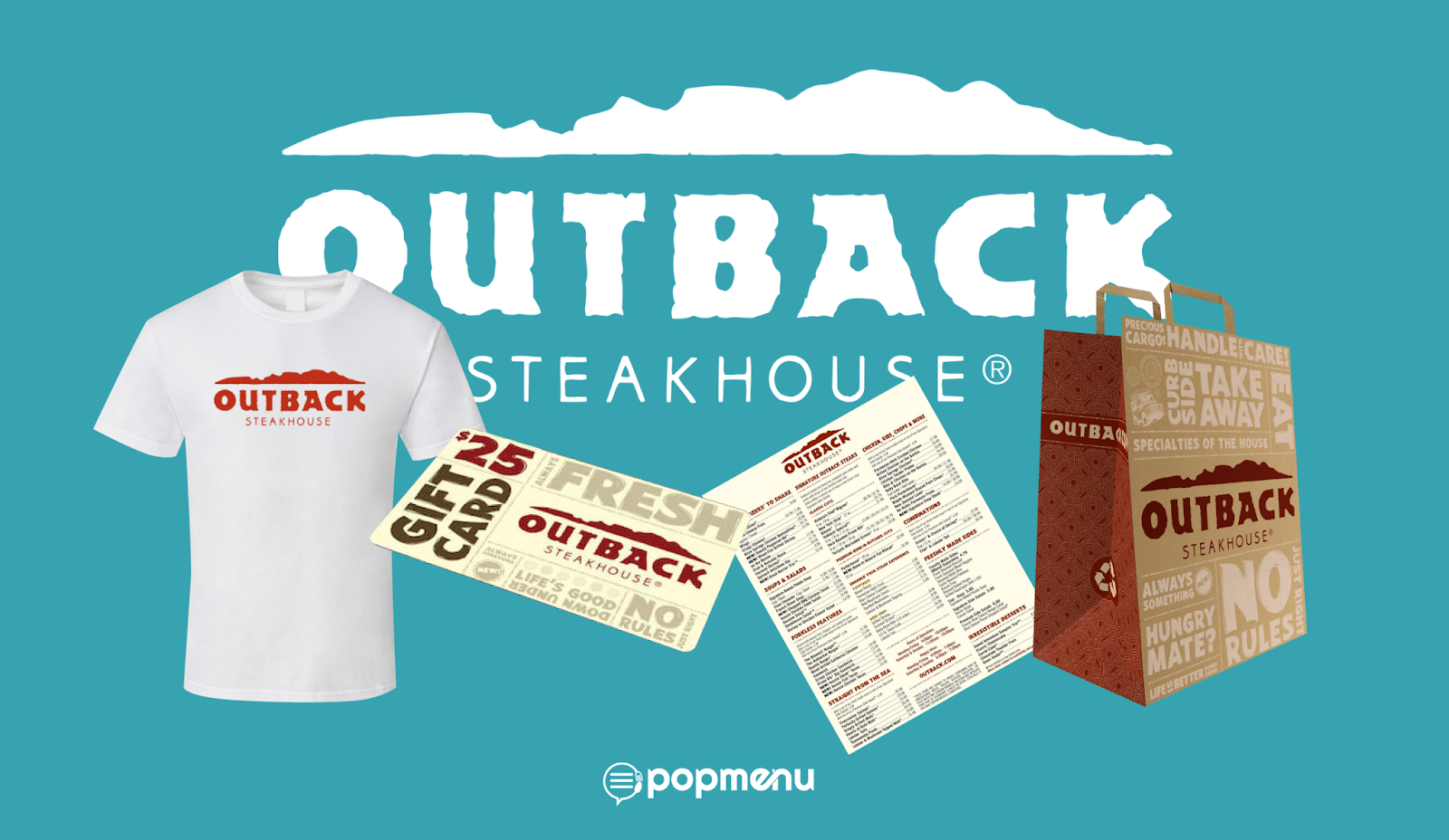 Outback Steakhouse branded shirt, gift card, menu, and takeout bag