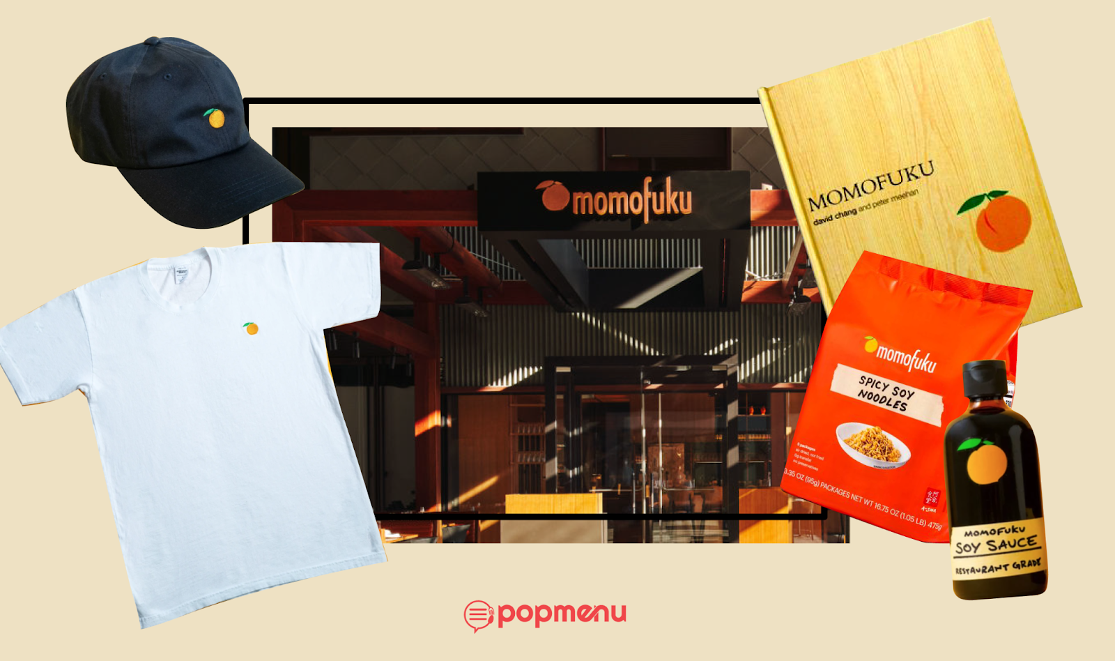 Momofuku branded hat, shirt, cookbook, noodles, and soy sauce
