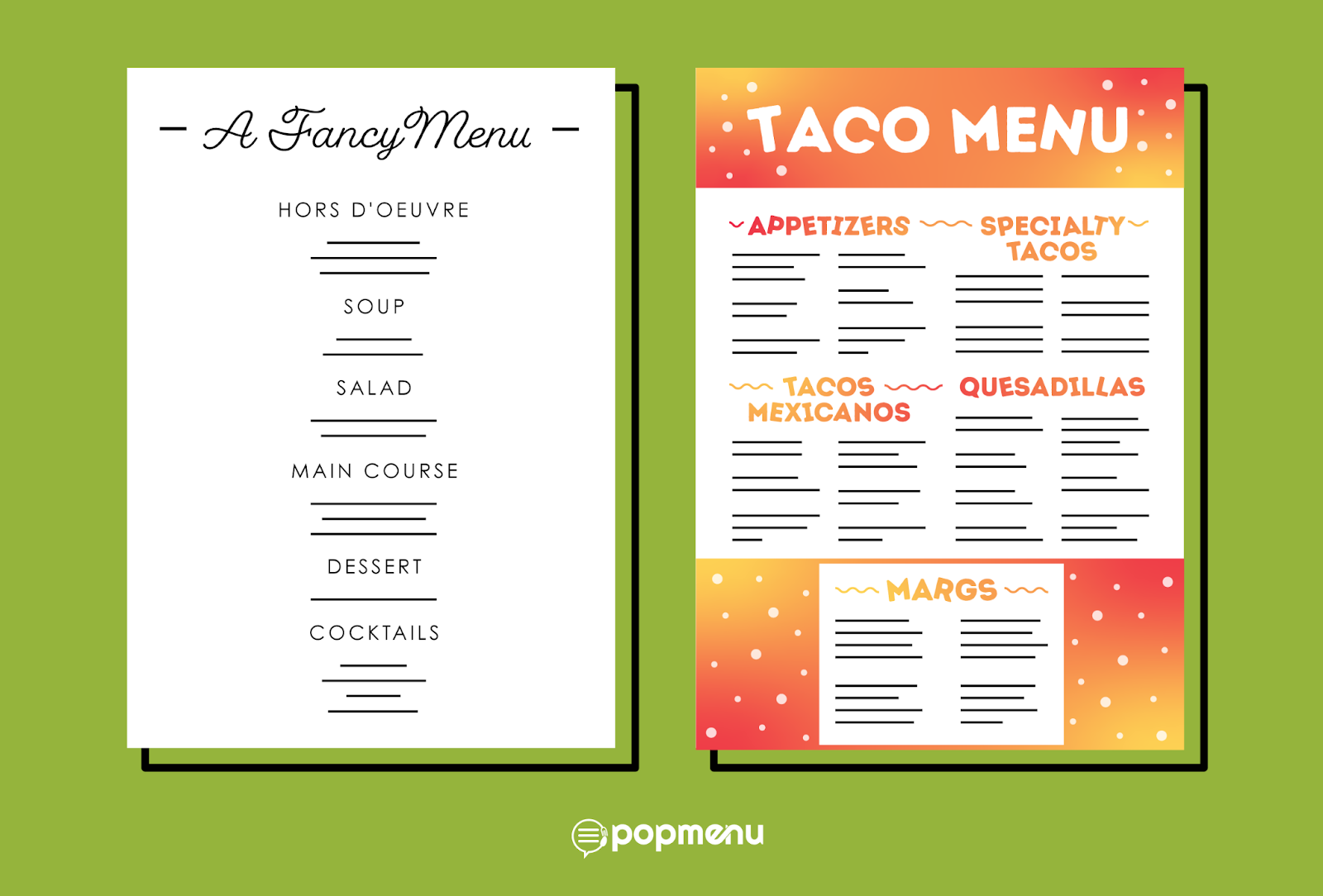 Comparison of an elegant script menu and a playful taco menu