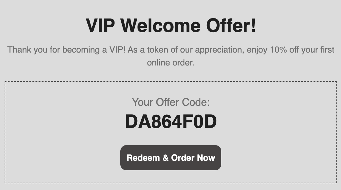 VIP welcome offer email with a 10% off discount code