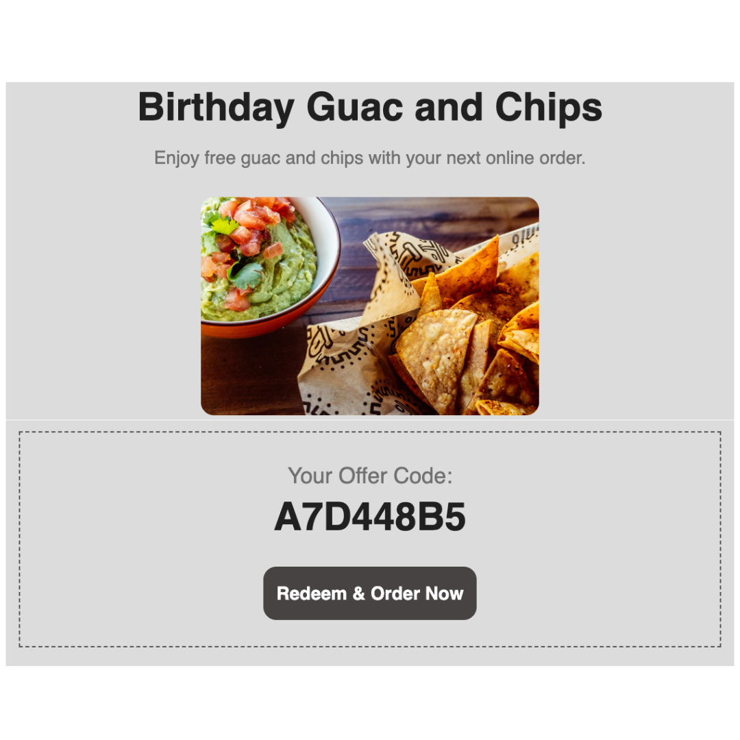 Birthday offer email for free guac and chips