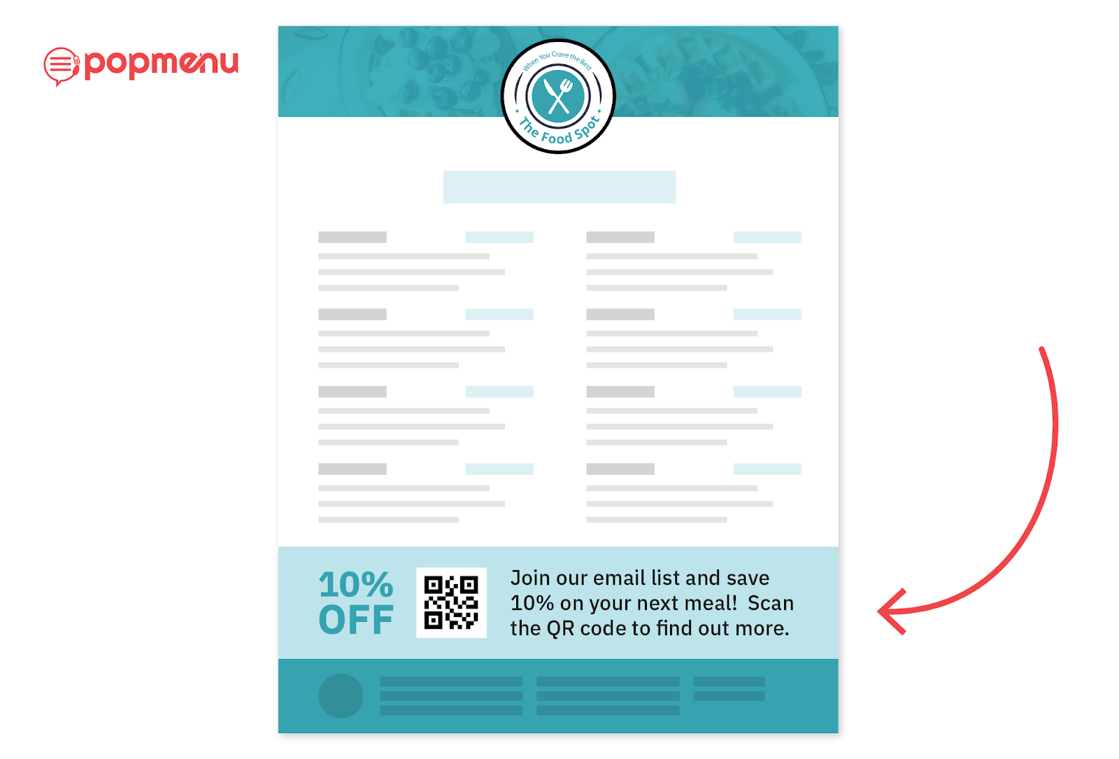 Table tent flyer with a QR code offering 10% off for email signup