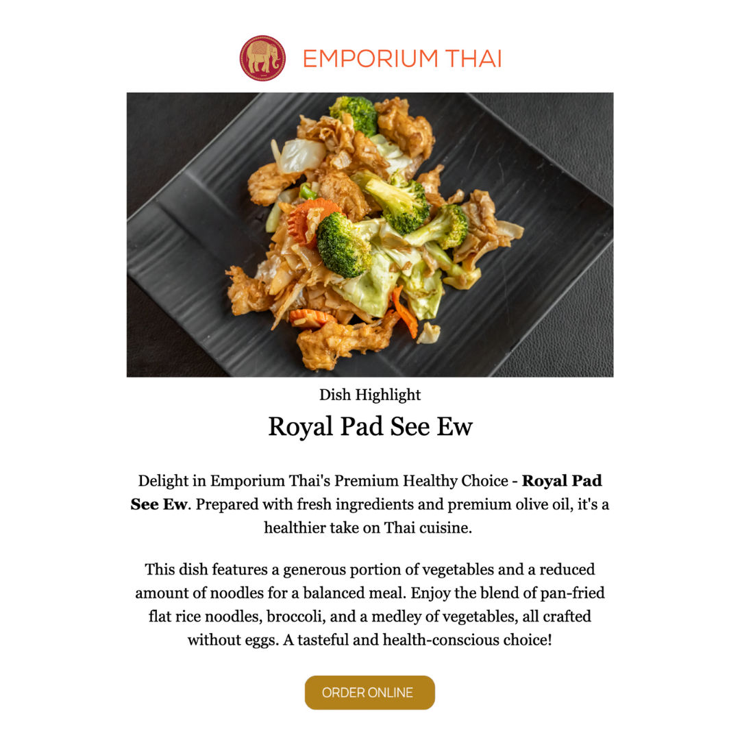 Emporium Thai email highlighting the Royal Pad See Ew dish
