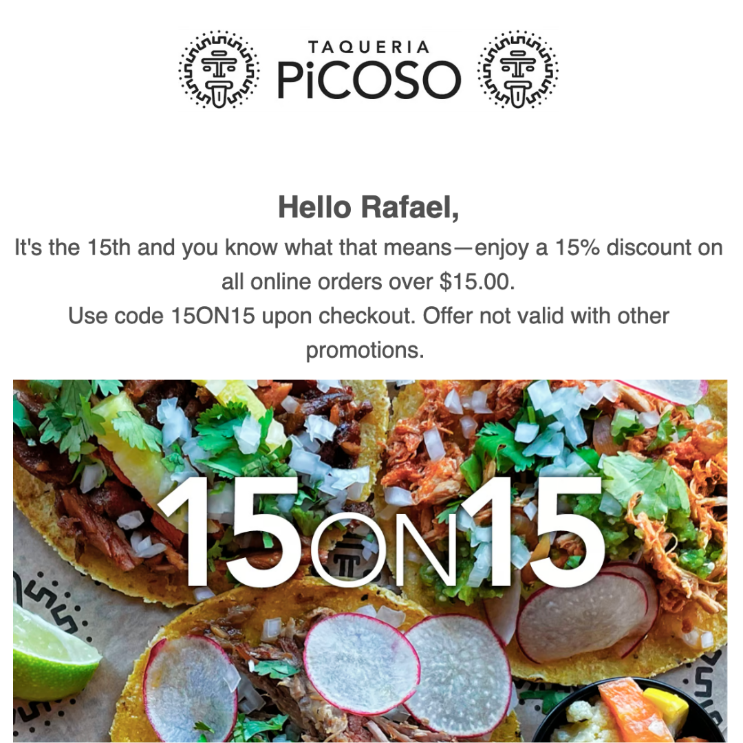 Taqueria Picoso email promoting a 15% off deal on the 15th