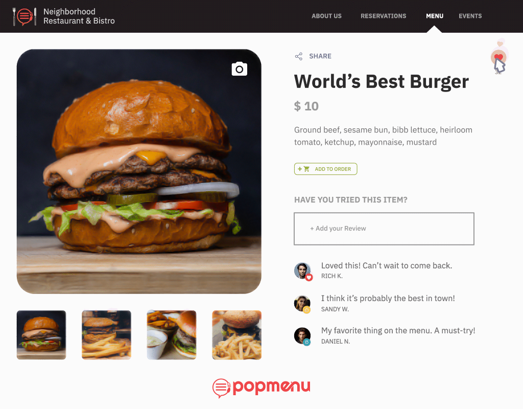 Restaurant menu page showing a burger dish with guest reviews below