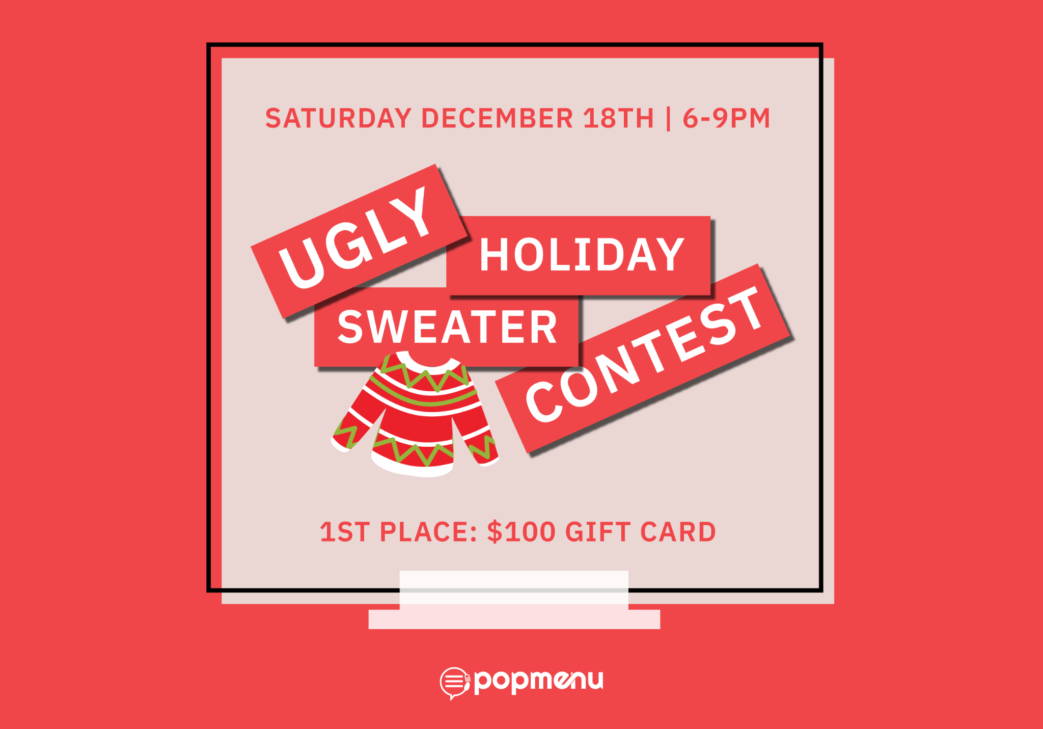 Flyer promoting an ugly holiday sweater contest with a cash prize