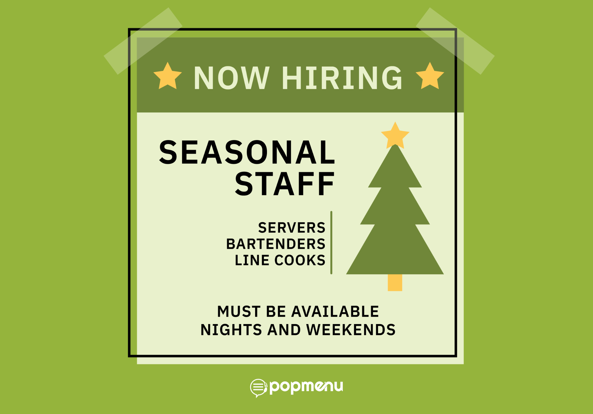 Now hiring flyer for seasonal servers, bartenders, and line cooks