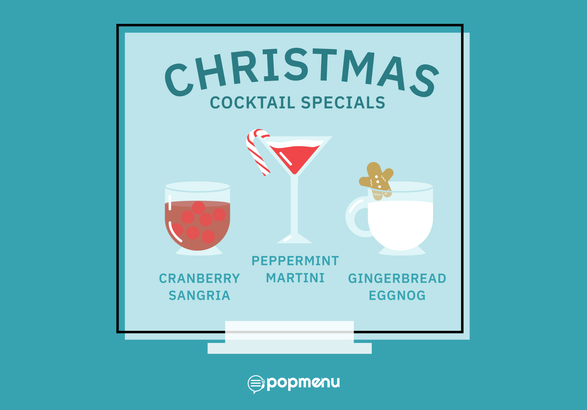 Graphic listing Christmas cocktail specials like a peppermint martini