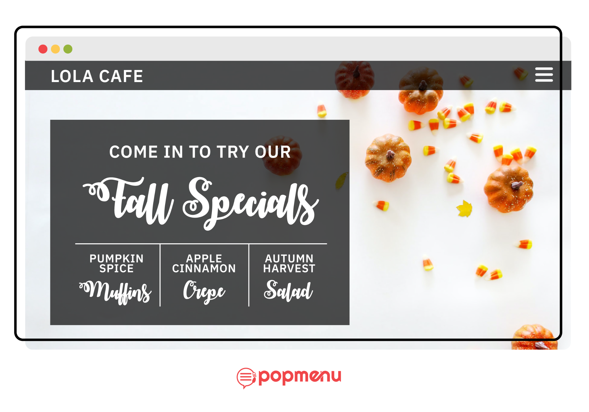 Restaurant website homepage decorated with fall specials and mini pumpkins