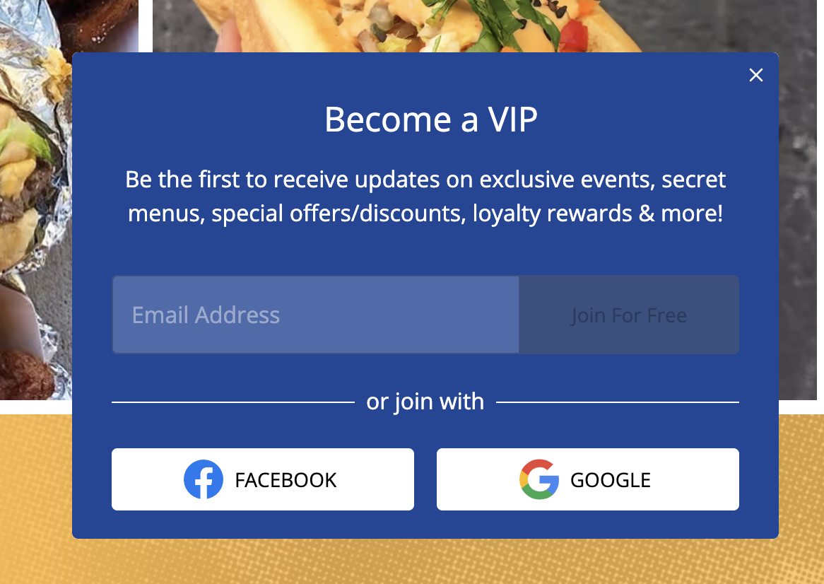 Restaurant website popup asking guests to join a VIP email list
