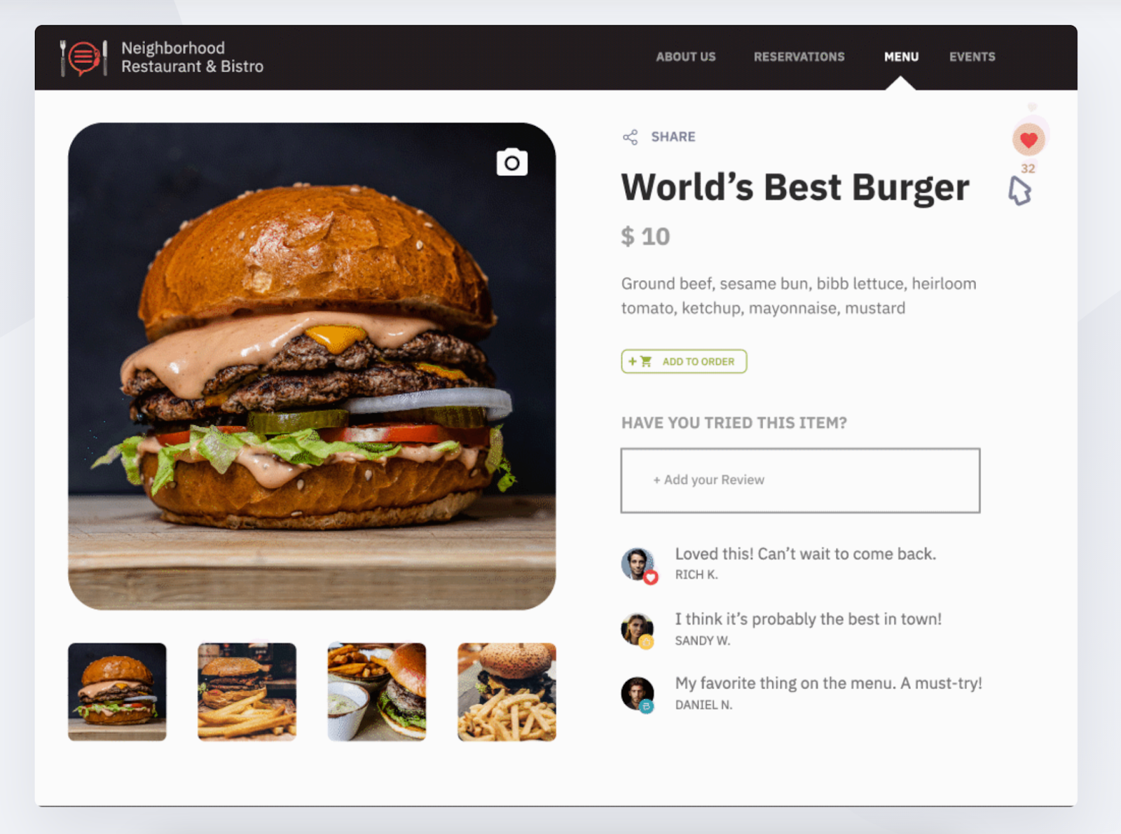 Popmenu online menu page showing a burger item and guest reviews