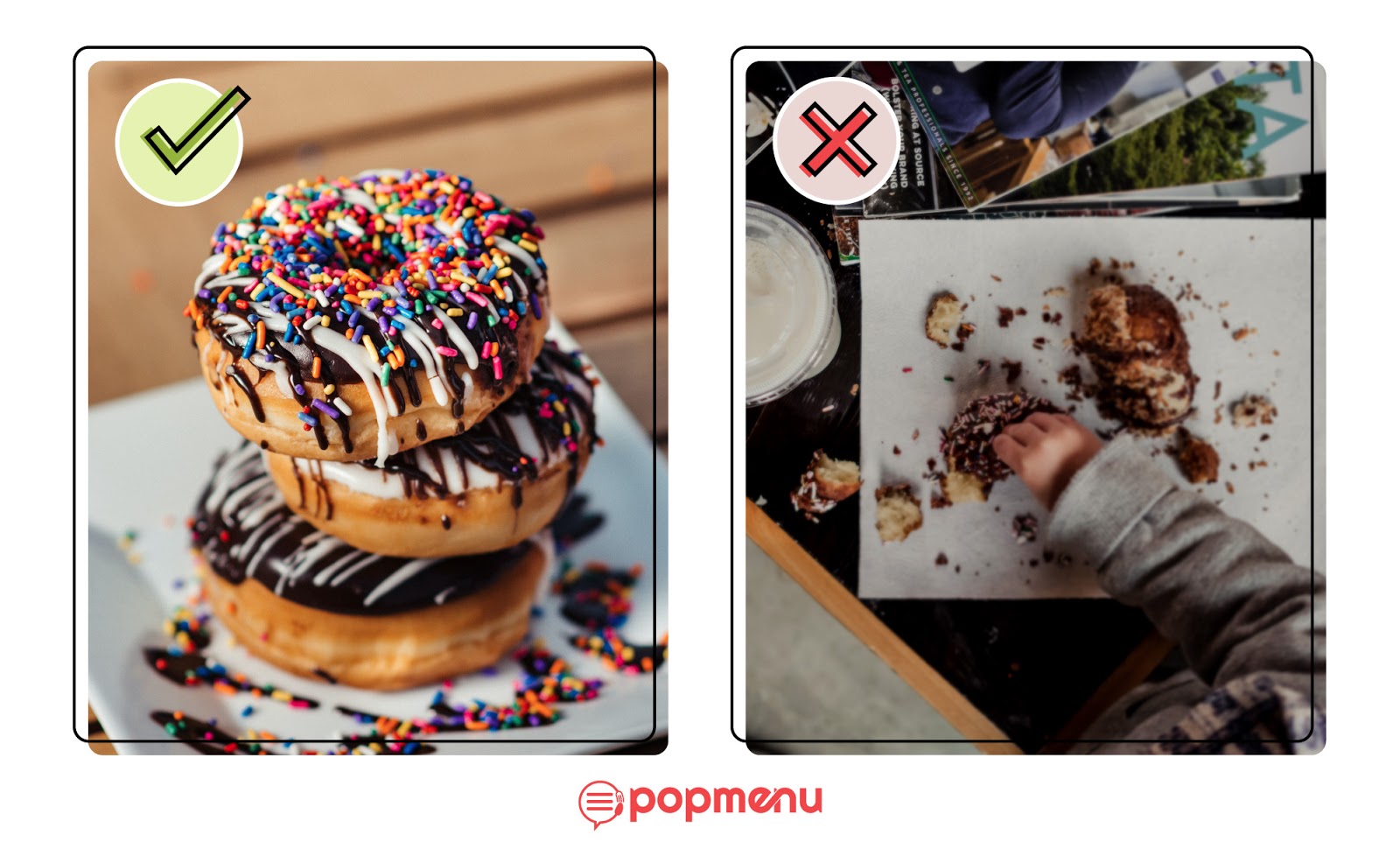 Appetizing donut photo marked right, messy candid photo marked wrong