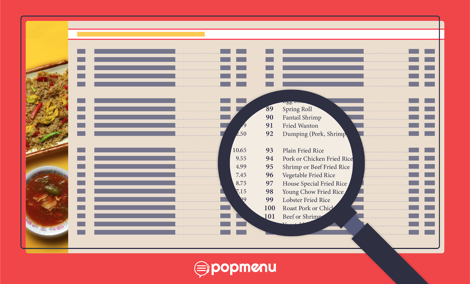 Magnifying glass zooming in on a menu packed with tiny dense text