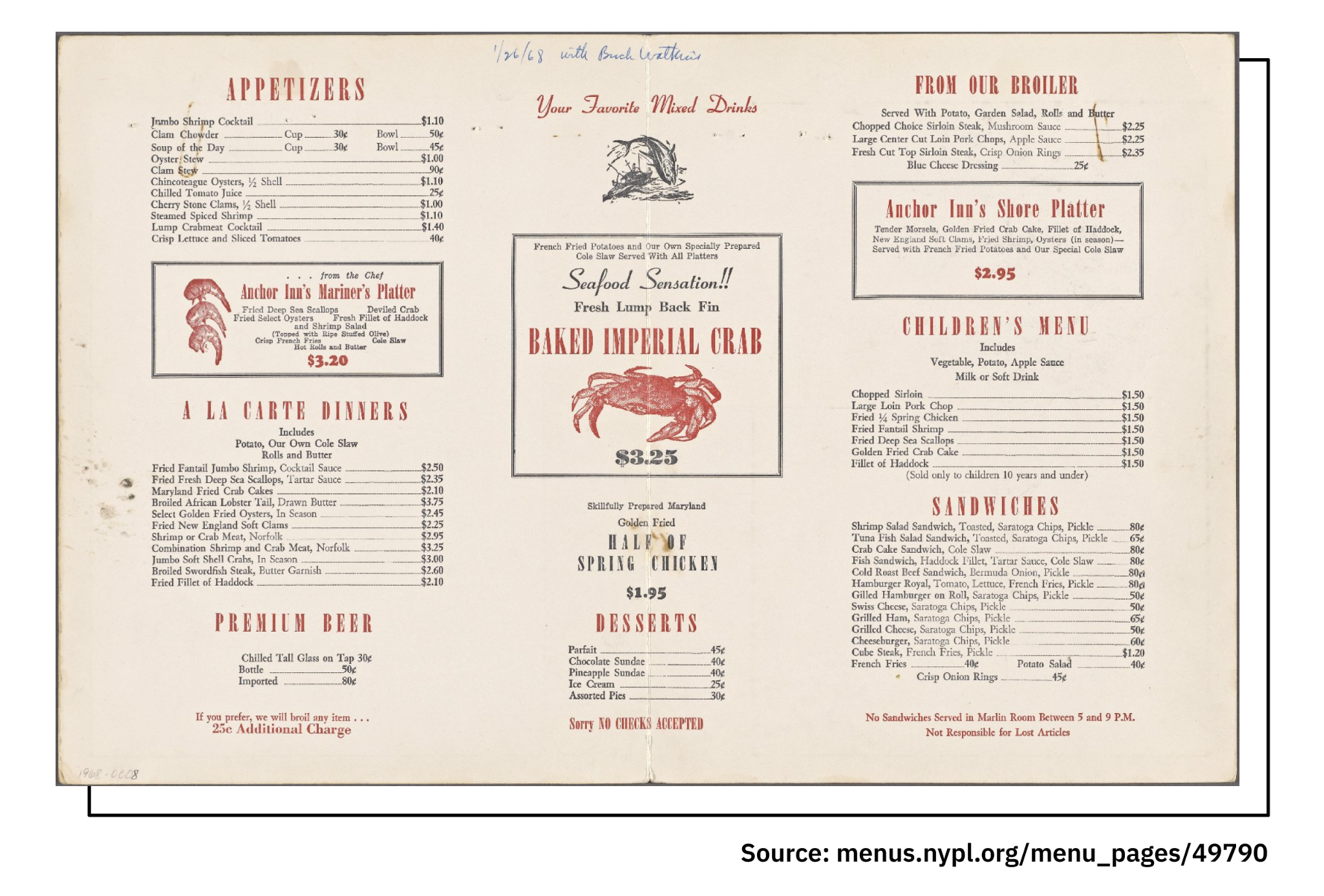 Anchor Inn Seafood Restaurant’s vintage nautical-themed menu with crab illustration