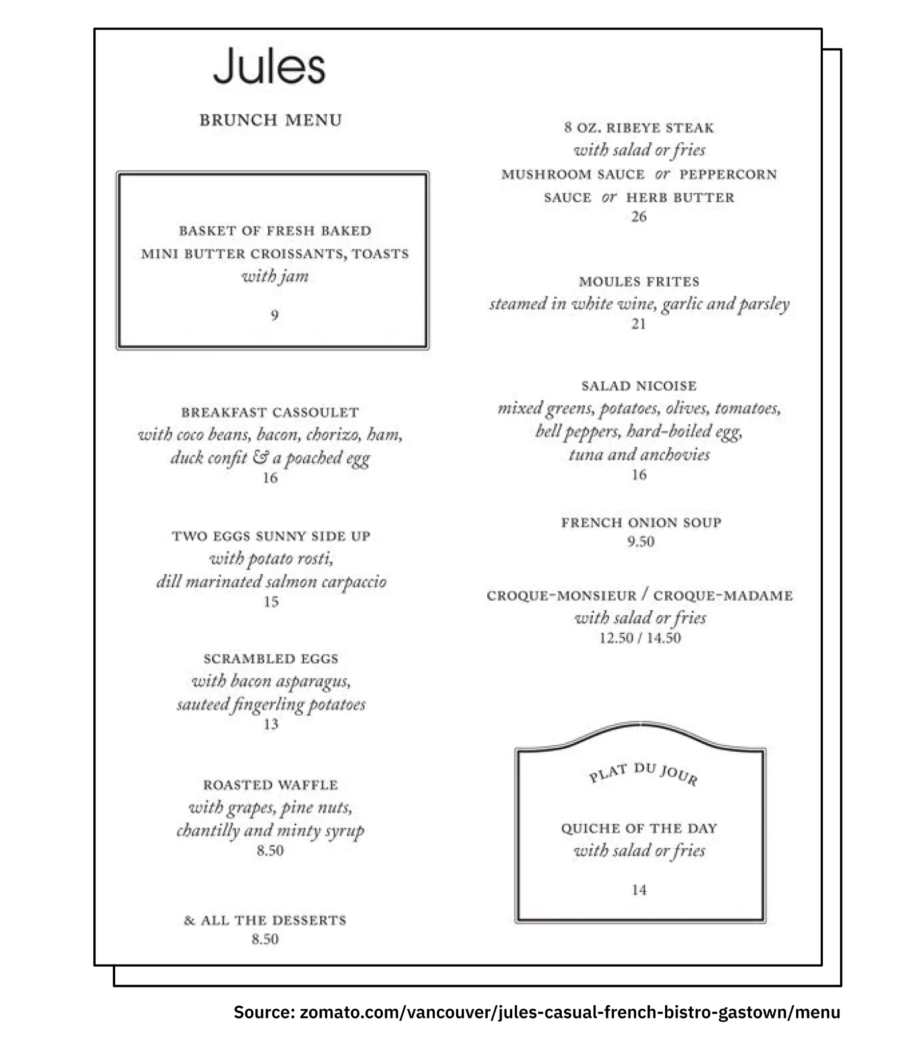 Jules French Bistro’s clean, minimalist brunch and dinner menu