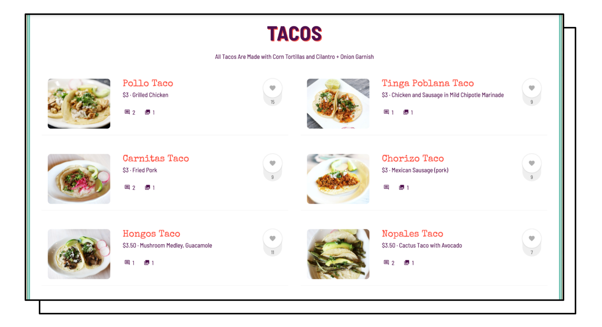 Taqueria Habanero’s online taco menu with photos and like counts