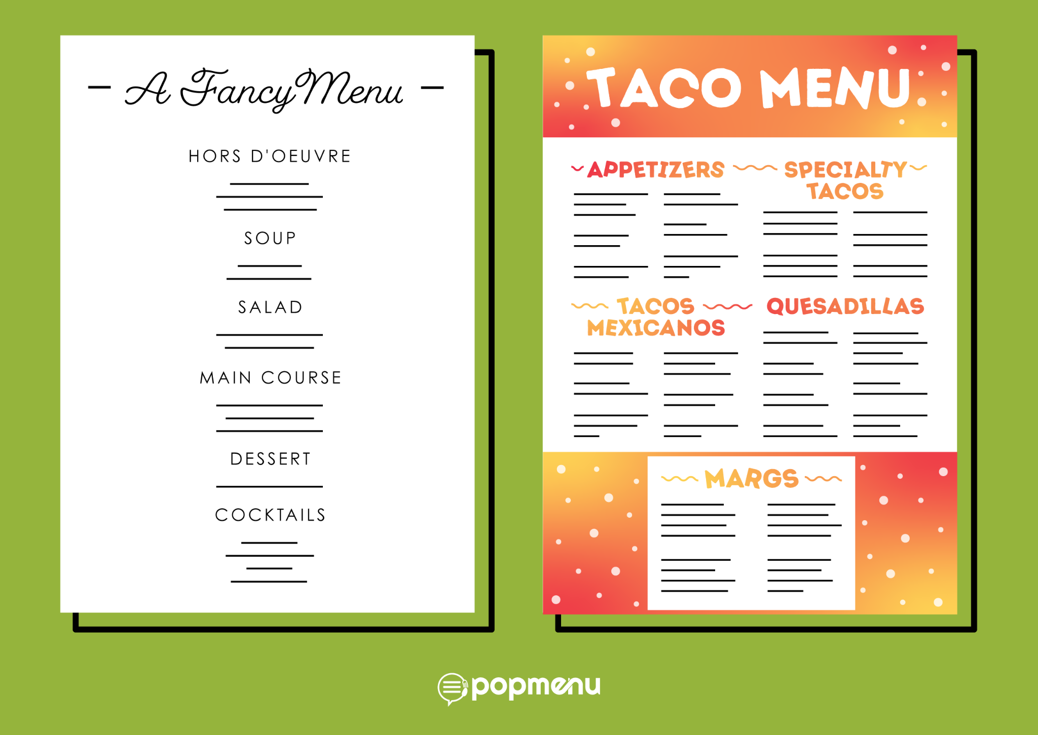 Elegant fine-dining menu beside a colorful taco menu