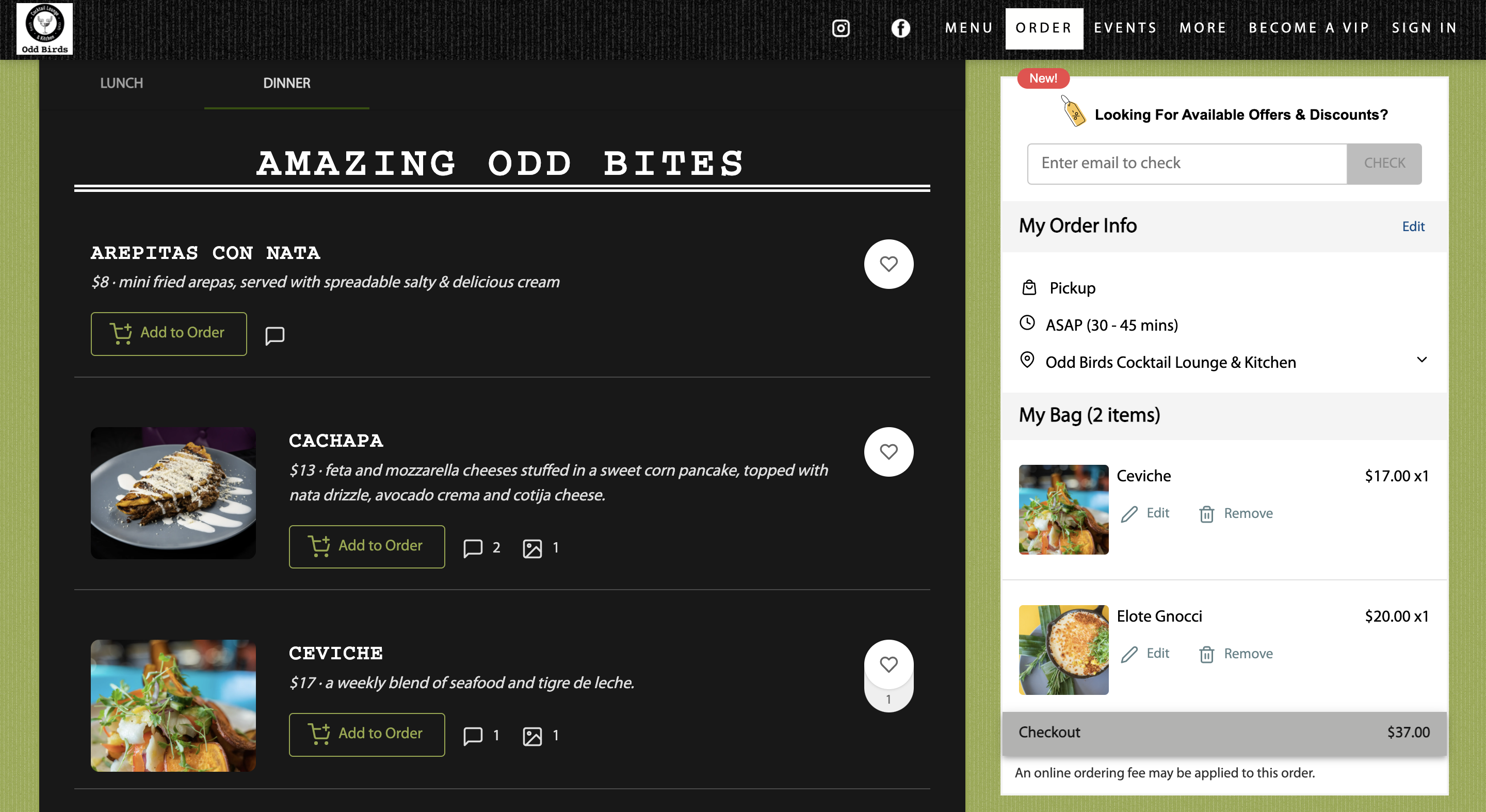 Restaurant’s direct online ordering page with menu items and cart