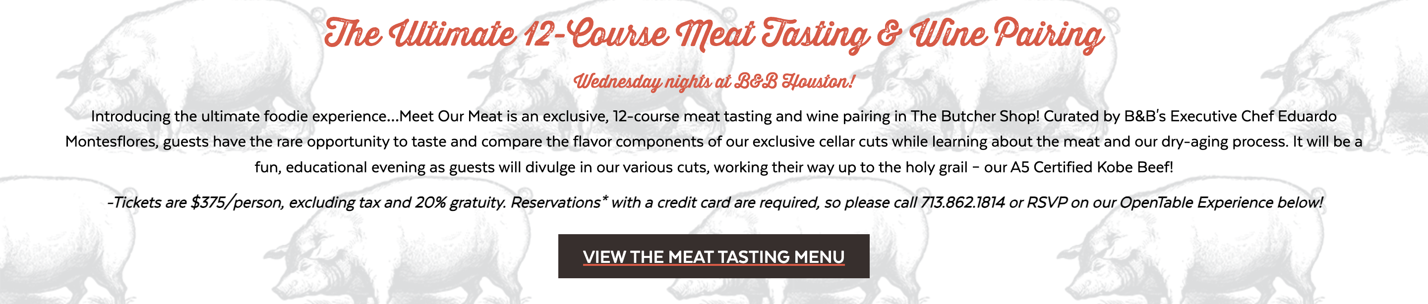 Banner promoting a 12-course meat tasting and wine pairing event