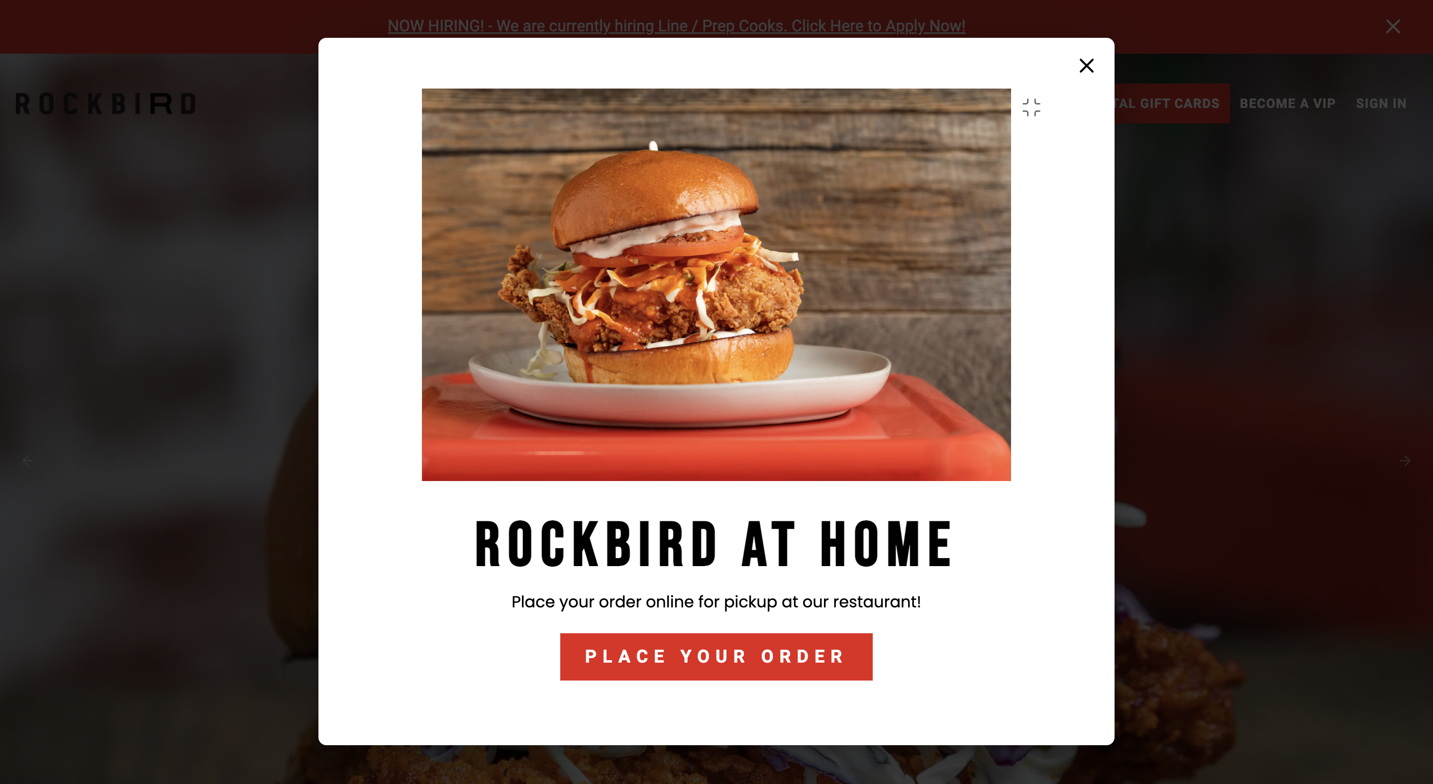 Rockbird website popup promoting online ordering for pickup