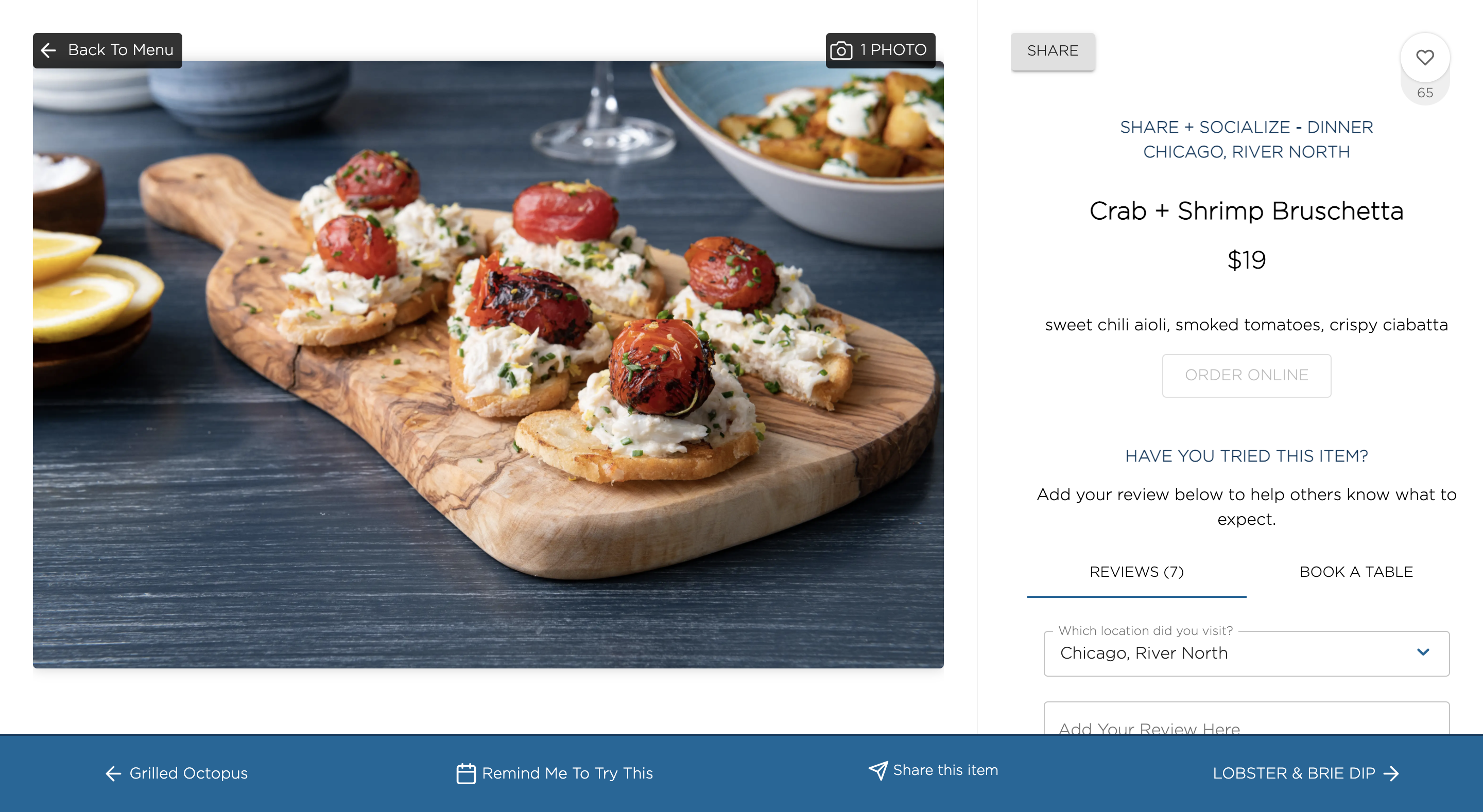 Online menu item page for crab and shrimp bruschetta with photo