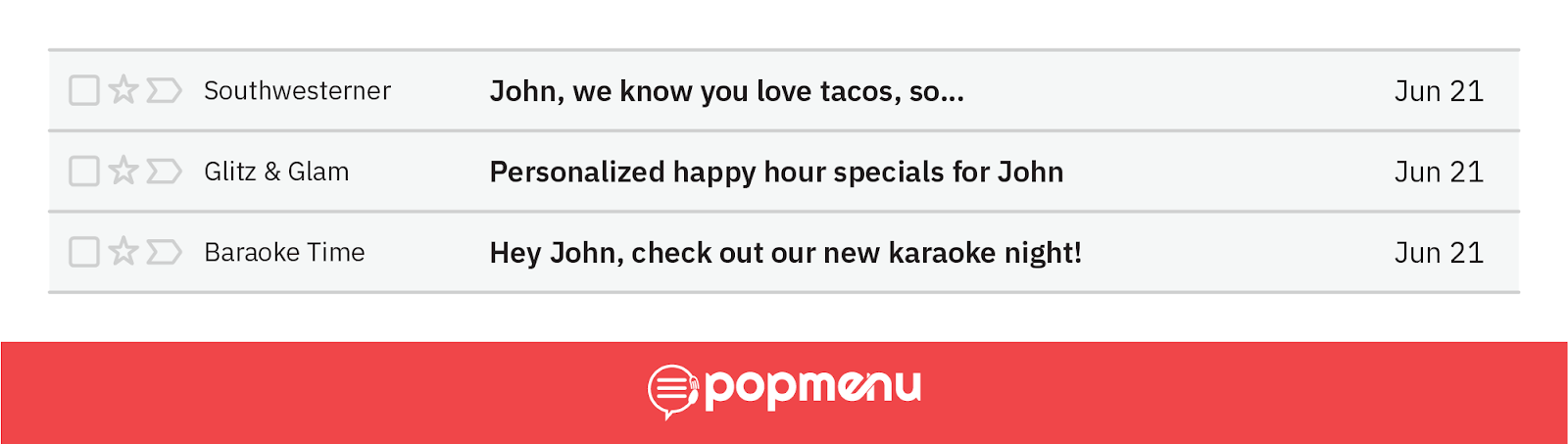 Inbox showing personalized restaurant newsletter subject lines