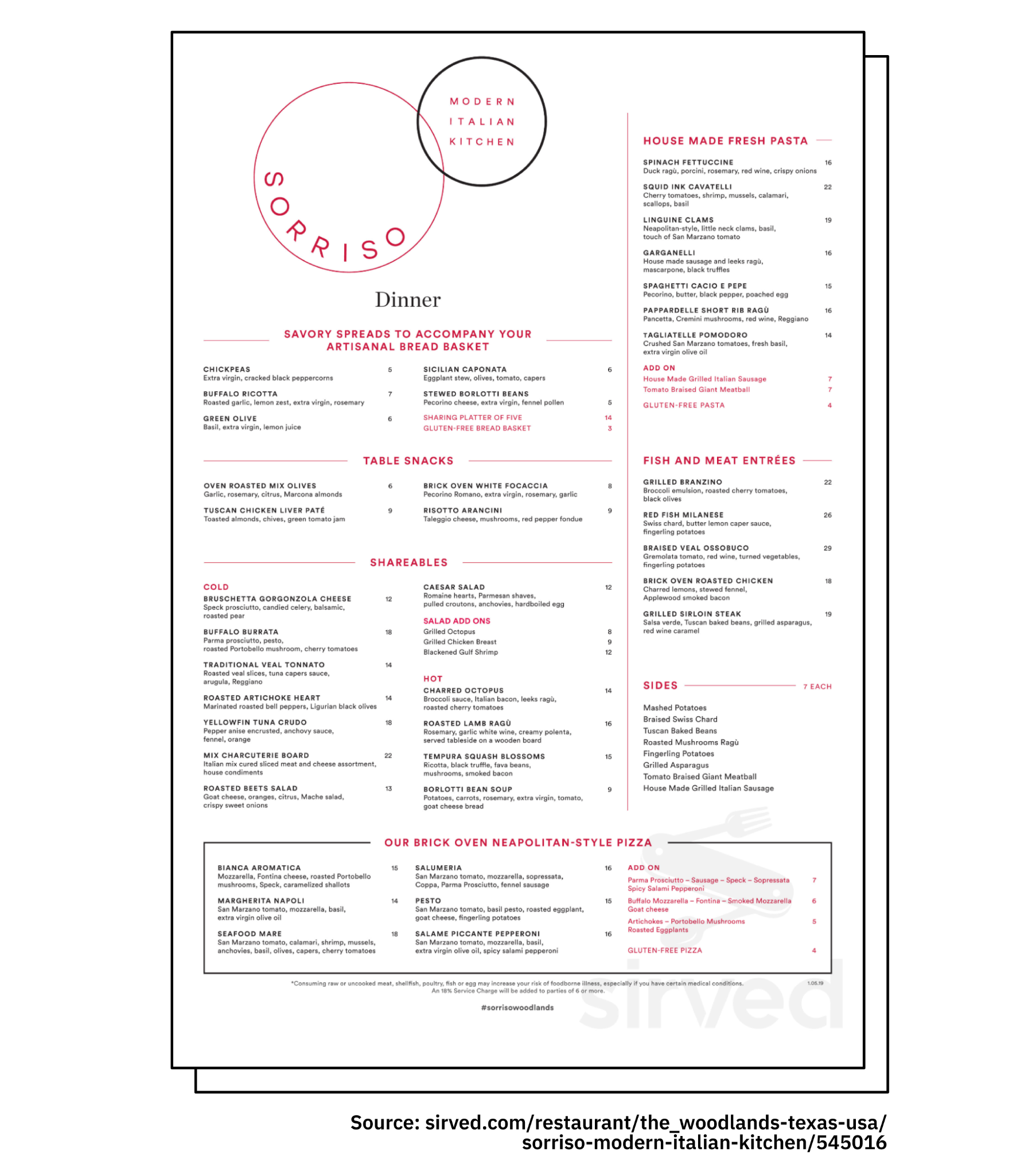 Sorriso’s modern Italian menu with bold red accent design