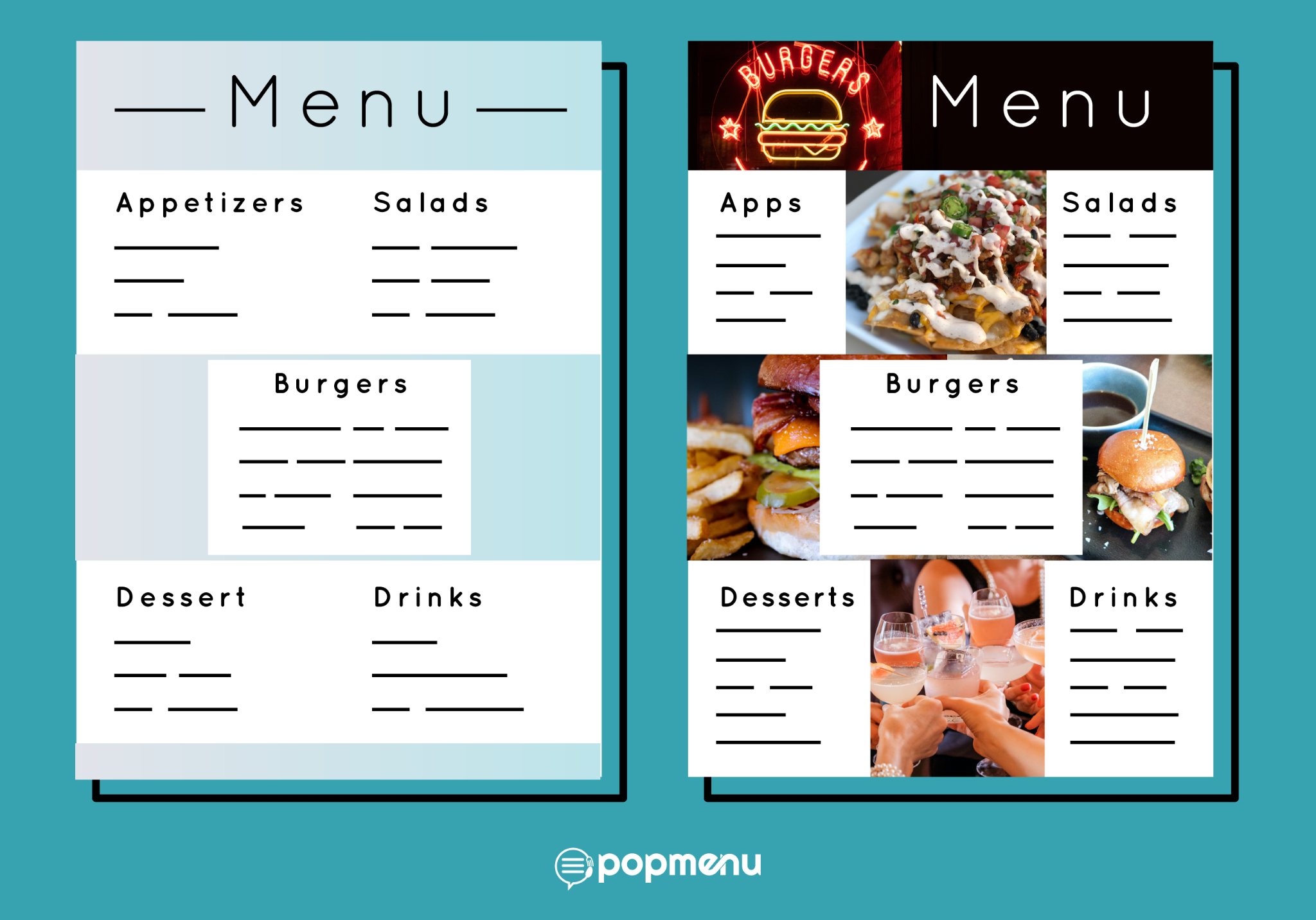 Plain text-only menu beside one with burger and fries photos