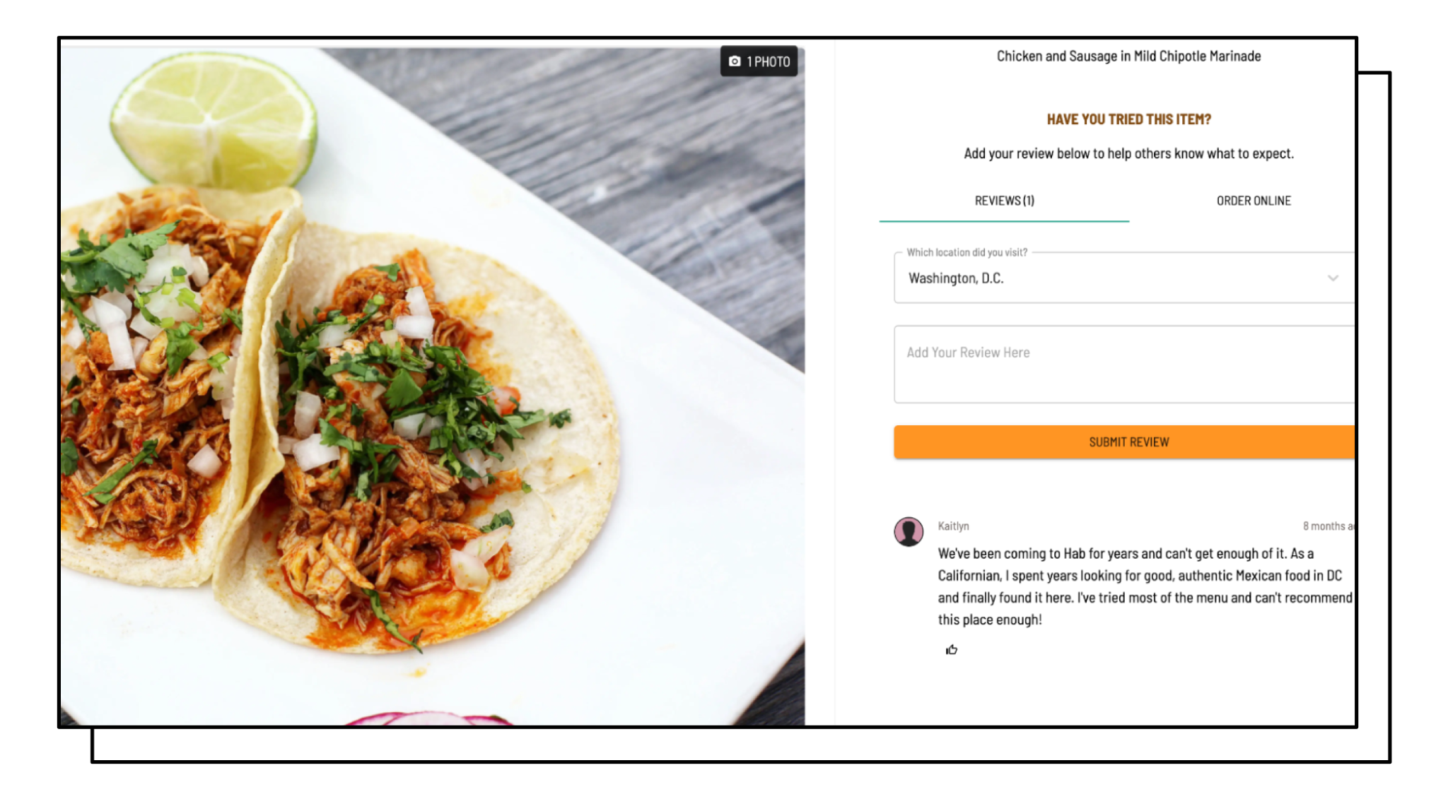 Taqueria Habanero’s online menu item page with photo and guest review